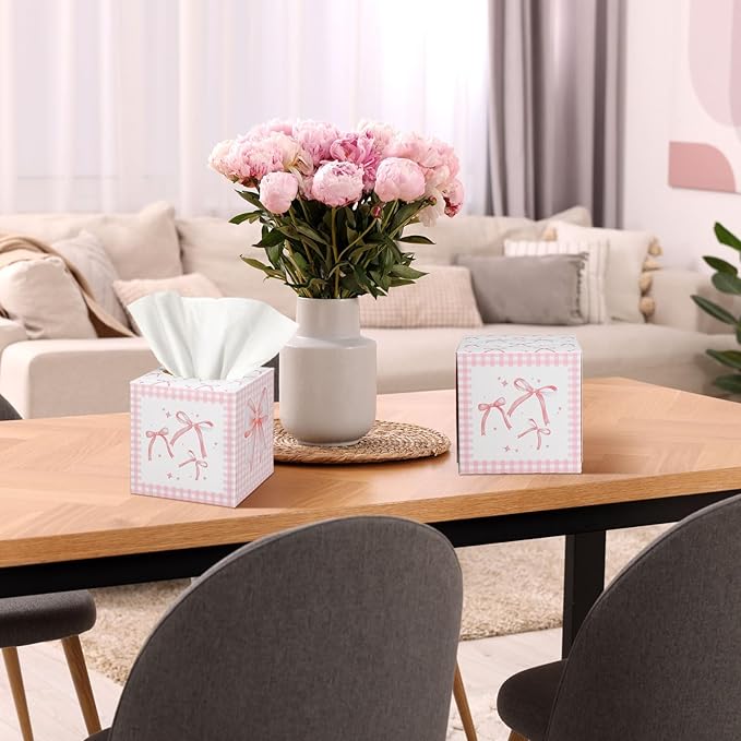 12 Pack Pink Bow Facial Tissues Cube Boxes 600 Sheets 3 Ply Small Square Face Tissues Bulk for Bow Coquette Birthday Bridal Bachelorette Wedding Party Supplies