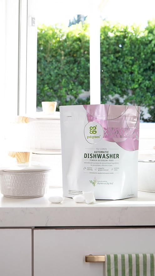 Grab Green Automatic Dishwashing Detergent Pods, 24 Count, Thyme Fig Leaf Scent, Plant and Mineral Based, Superior Cleaning, Powerful Grease Removal, Brilliant Shine