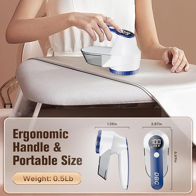 DBC Fabric Shaver with 15000r/Min Powerful Motor, LED Display, 3-Speeds, 6-Leaf Blades, Large Shaving Head Lint Remover for Clothes, Lint Ball, Furniture, Fuzz - Blue & White