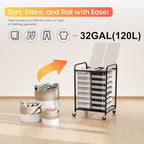 120L (31.7 Gal) Laundry Sorter 2 Section, Rolling Laundry Basket with Lockable Wheels and Lid, Laundry Hamper with 2 Separated Removable Bags Dirty Clothes Hamper for Laundry Room Organizer, White