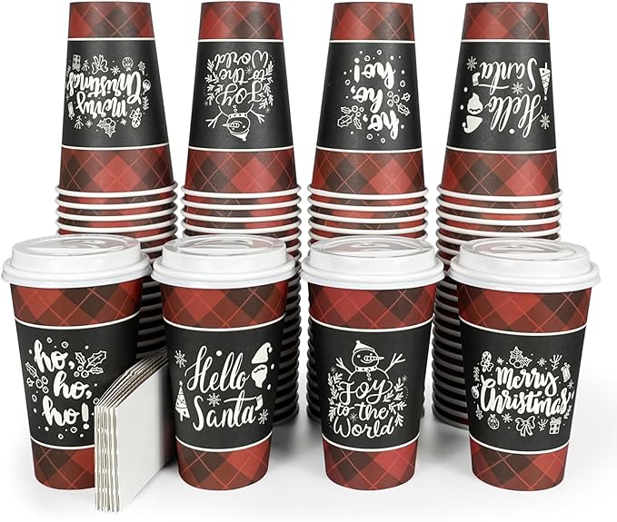 Disposable Coffee Cups with Lids for 100 Guests 16 oz, Christmas Buffalo Plaid Hot Cups for Coffee/Tea/Water/Juice, Xmas Premium Party Tableware Sets for Holiday, Winter, School, Family