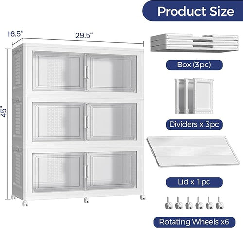 120GAL Extra Large Storage Bins with Lid, 480Qt Stackable Closet Organizers and Drawers, Collapsible Storage Bins with Wheels, Folding Containers for Home, Kitchen Office, 3Pack White