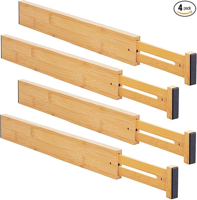 Aubeco Bamboo Drawer Organizers 4 Pack, 17-22" Adjustable Spring Loaded Dividers for Kitchen Utensils, Silverware, Clothes, Dresser, Bathroom and Office Storage