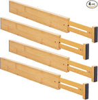 Aubeco Bamboo Drawer Organizers 4 Pack, 17-22" Adjustable Spring Loaded Dividers for Kitchen Utensils, Silverware, Clothes, Dresser, Bathroom and Office Storage