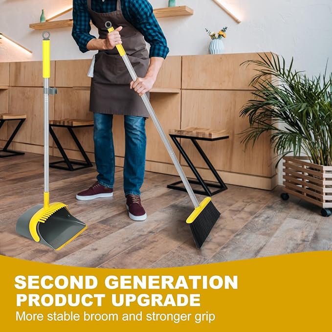 Broom and Dustpan Set with 54 Inch Long Handle - Perfect Dust Pan and Brush Combo for Home Efficient Cleaning (Yellow and Grey)