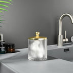 Clear Transparent Apothecary Ribbed Geometric Etched Glass Jar W/Gold Lid Cover for Bathroom Organization, Cotton Balls, Q Tips, and Small Accessories, Bathroom Storage