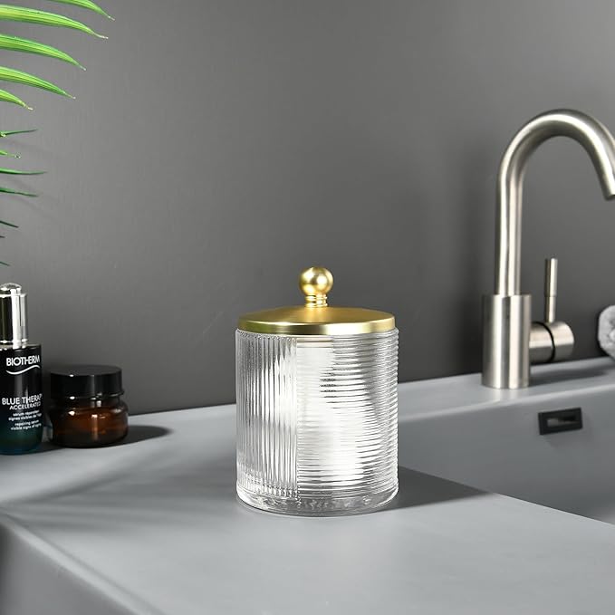 Clear Transparent Apothecary Ribbed Geometric Etched Glass Jar W/Gold Lid Cover for Bathroom Organization, Cotton Balls, Q Tips, and Small Accessories, Bathroom Storage