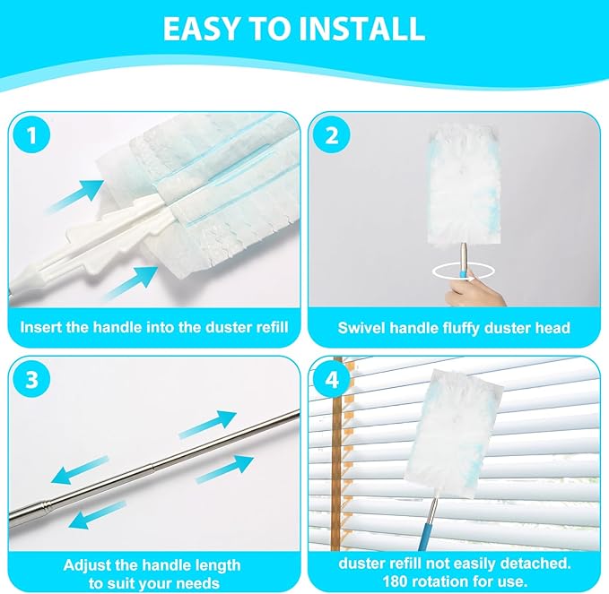 60 Count Disposable Dusters Refill for Cleaning, 180 Degree Heavy Duty Duster Replacement Head for Swiffer, Dusting Furniture, Blinds, Ceiling Fans, Helps Remove Allergens