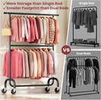 Heavy Duty Clothes Rack, 78.35" Rolling Clothing Rack for Hanging Clothes with Lockable Wheels, 6-Level Adjustable Double Rod Garment Rack for Bedroom, Laundry, Clothing Store, Black