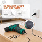 Hi-Spec 8V Cordless Drill Set & Tool Kit for Men – Power USB Rechargeable Electric Drill Driver, Compact Hand Toolbox with Essential Tools, Green, Ideal for Home Improvement