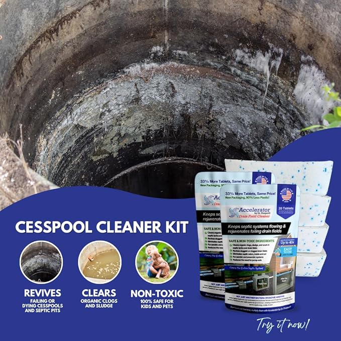Cesspool & Septic Cleaner Kit by Accelerator by Dr. Pooper® - Commercial-strength bio-accelerator to get cesspools draining and flowing properly and keep them working | Made in USA | Safe & Non-Toxic