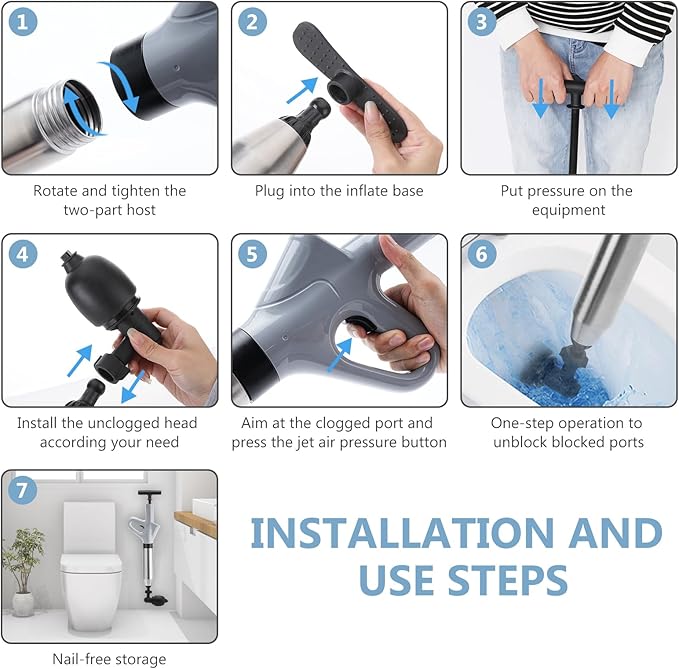 Air Plunger for Drain, High Pressure Air Drain Blaster with Visual Barometer Stainless Steel Toilet Clog Remover Toilet Unclogger Plungers for Bathroom, Toilets, Sink, Kitchen (Gray)