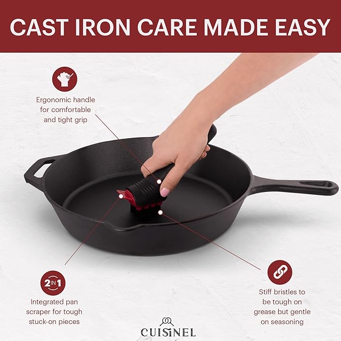 Cuisinel Cast Iron Scrubber Cleaning Brush + Stainless Steel Chainmail + Pan Scraper - Skillet, Grill Cleaner Kit - Soft-Touch Easy-Grip Dish Scrub Tool - Bristles Tough on Grease - Gentle on Cookware