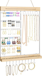Feyejade Hanging Jewelry Organizer and Storage, 5-Tier White Earring Necklace Holder Jewelry Display Organizer Stand Rack, Wall Mounted for Earrings Necklaces Bracelets and Rings, White