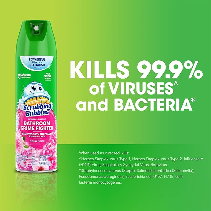 Scrubbing Bubbles Bathroom and Shower Cleaner Disinfectant Aerosol, Foaming Action Bathroom Grime Fighter, Floral Fusion Scent, 20oz