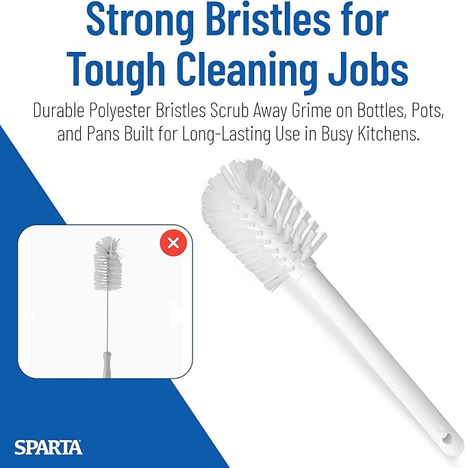SPARTA Large Water Bottle Brush Ideal for Wide-Mouth Jars, Bottles and Tumblers, Dishwashing Tool with Handle for Home and Commercial Kitchens, Plastic, 12 Inches, White, (Pack of 6)