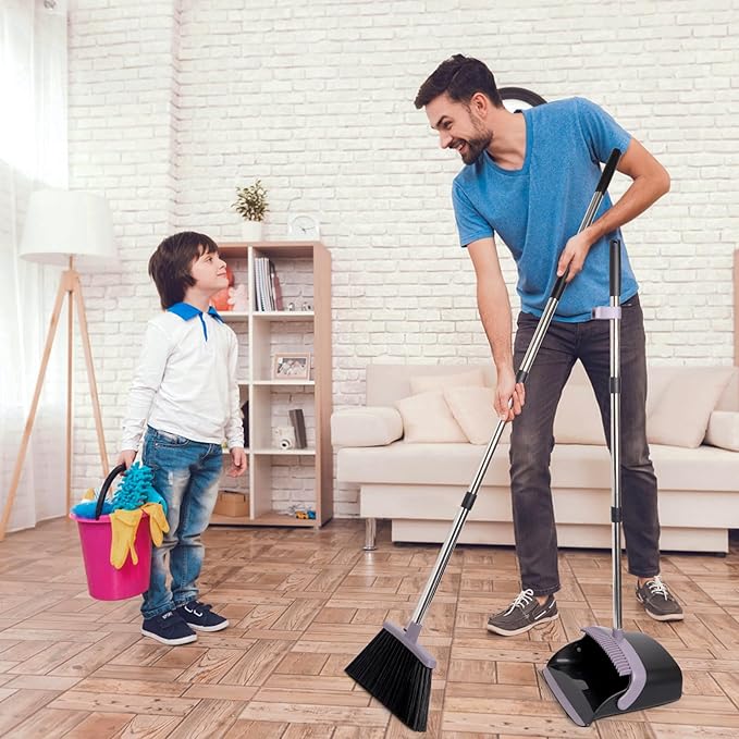 Broom and Dustpan Set, Dustpans with Broom Combo for Home, Heavy Dust Broom and Dustpan Combo, Long Handle Dust Pan and Broom Set for Kitchen, Office, Pet Hair, Charcoal Color, Pack of 1