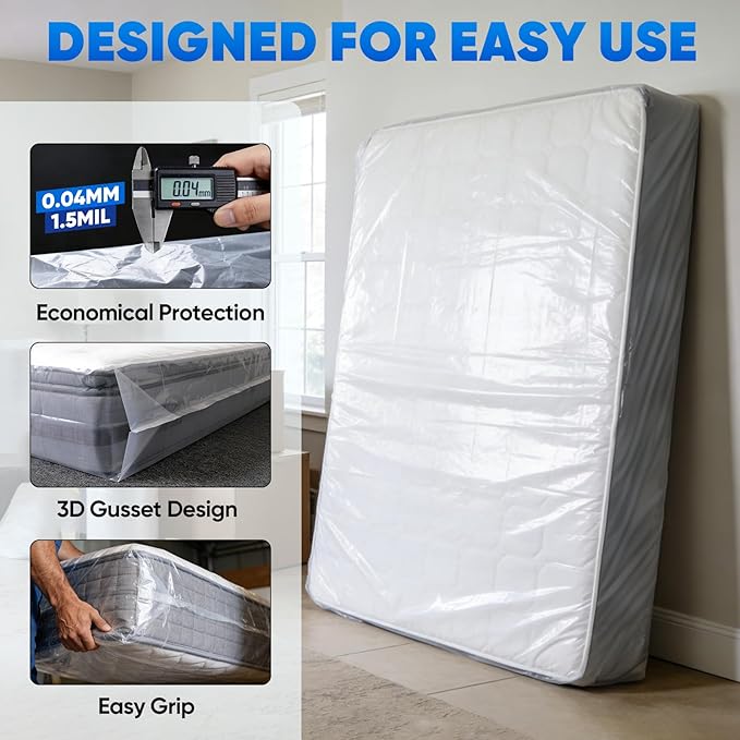 TICONN 2PK Plastic Mattress Bag for Moving Storage, Waterproof Mattress Protector Cover, Heavy-Duty Mattress Moving Supplies (1.5 mil, King)