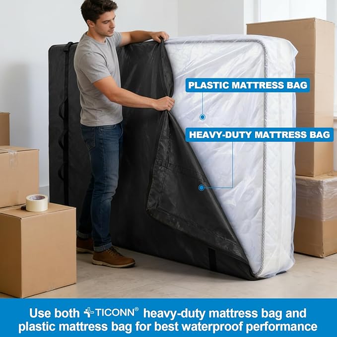 TICONN Mattress Bags for Moving, Heavy Duty Queen Mattress Cover Storage Bag with Full-Around Handle and Adjustable Buckles (Black, Queen)