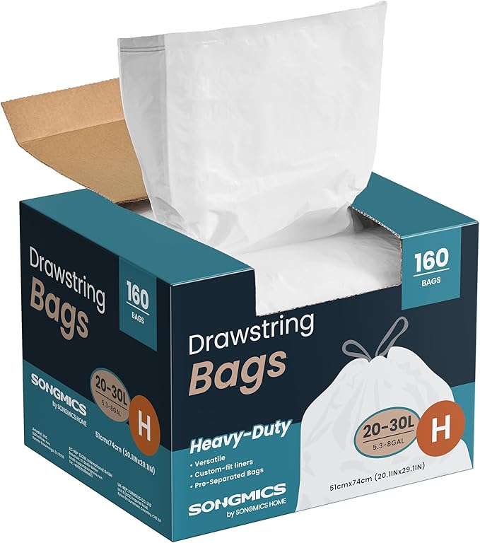 SONGMICS Trash Bags for 8-Gallon (30 L) Trash Cans, Drawstring Kitchen Garbage Bags, Pre-Separated, Quick-Dispense Box, Liner Code H, 4 Rolls, 160 Count, White UKRB031A04
