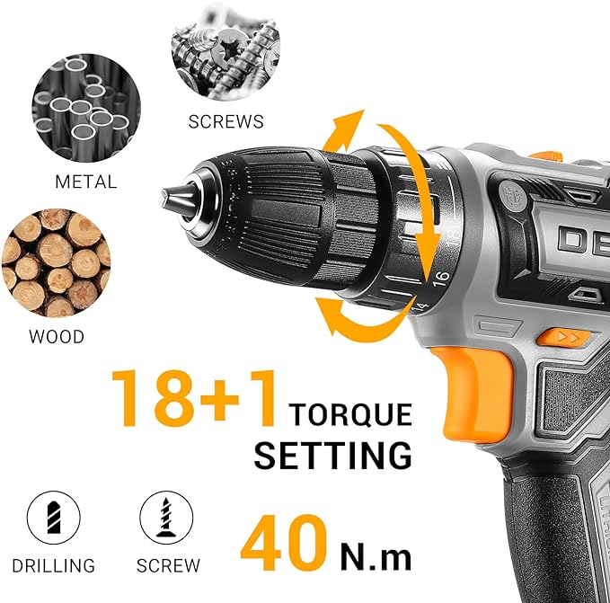 Power Drill Cordless: DEKOPRO Cordless Drill 20V Electric Power Drills Set Tool Drills Cord-less Set with Battery and Charger