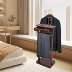 Valet Stand with Drawer and Top Tray, Wood Mens Suit Valet Stand with Wood Base, Freestanding Clothes Valet Stand with Hanger, Storage Organizer for Entryway Office Living Room (A, Walnut Color)
