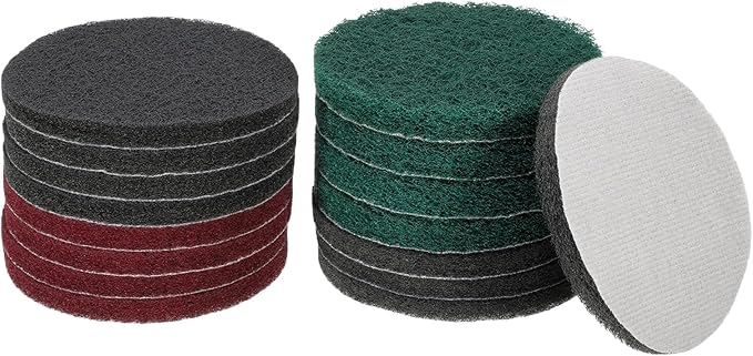 HARFINGTON 4pcs Scrubber Scouring Pads 180 400 800 1200 Grits 5 Inch Drill Power Brush Hoop and Loop Surface Conditioning Disc Drill Scuffing Disc Scrub Pads for Kitchen Cleaning, 4 Colors