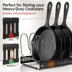 MUDEELA Expandable Pots and Pans Organizer Rack under Cabinet, Pots Lid Organizer Rack for Kitchen Cabinet Organizers and Storage with 12 Adjustable Dividers Cutting Board Holder & Anti-Scratch Strips