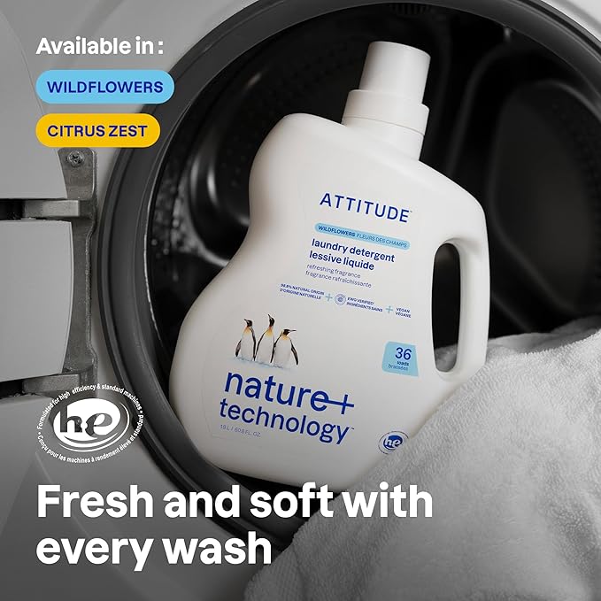 ATTITUDE Liquid Laundry Detergent, EWG Verified, HE Compatible, Plant-Based & Vegan, Natural Laundry Soap, Citrus Zest, 36 Loads, 60.8 Fl Oz (Pack of 6)