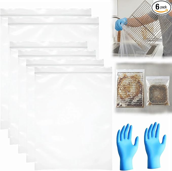 6-Pack Oven Rack Cleaning Bags (4 Large + 2 XL) with Gloves, Reusable Heavy-Duty Leak-Resistant Soak Bags for Deep Cleaning Oven Racks & Grill Grates, No Cleaner Included