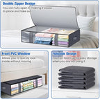TasticTotes Under Bed Storage Containers, 8 Pack Blanket Storage Bags, Collapsible Storage Bags with Big Zippers, Clear Front, Shoe Storage and Organization for Clothes, Comforter, 60L, Grey