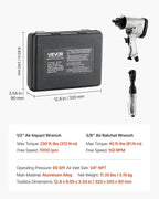 VEVOR 1/2" Air Impact Wrench & 3/8" Ratchet Wrench Combo, 19 Pieces Pro Air Tool and Accessories Kit - Includes 10PCS CR-V Steel Impact Socket Set & Carrying Case for Auto Repair, Home DIY Projects