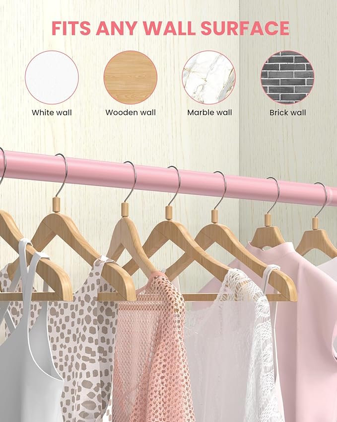 Supforce Closet Rods for Hanging Clothes, 17 to 39 Inches Stepless Adjustable Metal Closet Rod, 1.3 Inches Heavy Duty Clothes Hanging Rod for Closet Wardrobes Laundry RV, Pink