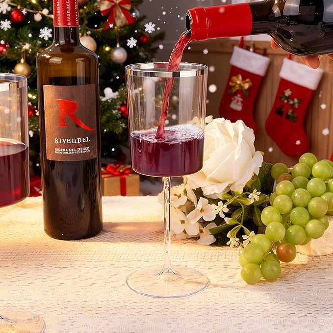 Ciaell 12 Pack Plastic Wine Glasses - 10 Oz Plastic Wine Glasses with Stem - Square Silver Disposable Stemmed Glass for Parties & Weddings & Outdoors