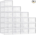 SONGMICS Stackable Shoe Boxes, Foldable Shoe Storage Organizers, Ventilated, for Max. Men's Shoes US Size 9 or Women's Shoes US Size 11, Sneakers, Set of 18, Transparent and White ULSP106W18V2