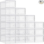 SONGMICS Stackable Shoe Boxes, Foldable Shoe Storage Organizers, Ventilated, for Max. Men's Shoes US Size 9 or Women's Shoes US Size 11, Sneakers, Set of 18, Transparent and White ULSP106W18V2