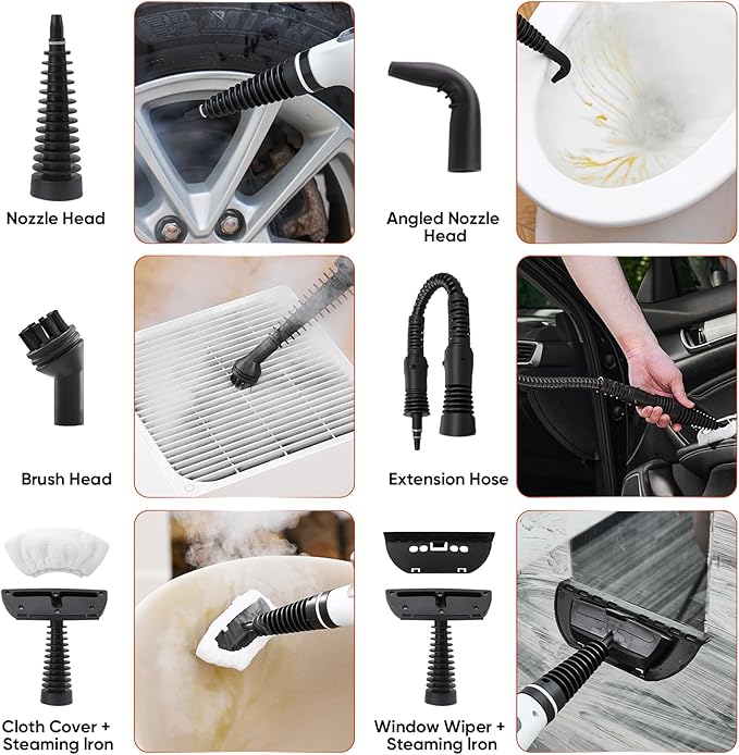 Steam Disinfection Cleaner, Handheld Pressurized Steamer with 9-Piece Accessories for Multi-Surface Cleaning, Natural Sanitization for Kitchen, Floor (1 x Steam Cleaner Kit)