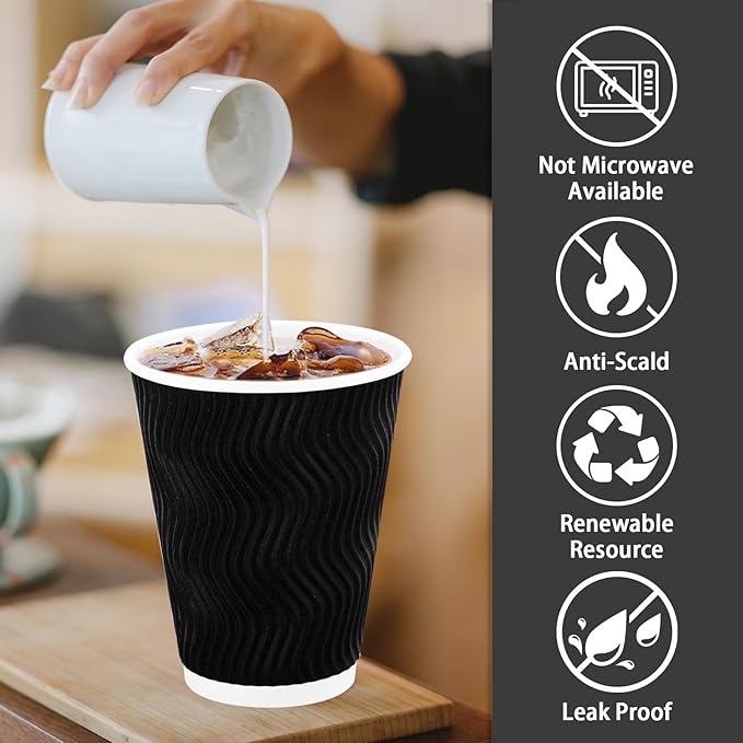 Lamosi Disposable Coffee Cups 12 oz 100 Pack, Paper Coffee Cups 12 oz for Hot Drinks or Cold Beverages, Insulated Corrugated Ripple Wall Cup for Office, Cafe, Home or Travel (Black)