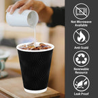 Lamosi Disposable Coffee Cups 12 oz 100 Pack, Paper Coffee Cups 12 oz for Hot Drinks or Cold Beverages, Insulated Corrugated Ripple Wall Cup for Office, Cafe, Home or Travel (Black)