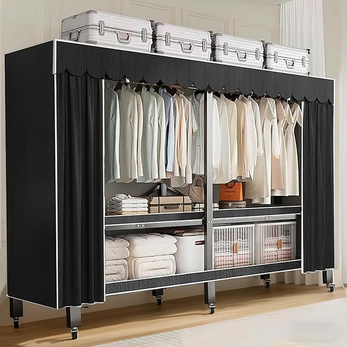 Heavy Duty Portable Closet with Cover 1200Ibs Foldable Covered Clothes Rack for Hanging Armoire Wardrobe Closet System Freestanding Coat Storage Garment Racks (168cm/66in（black）)