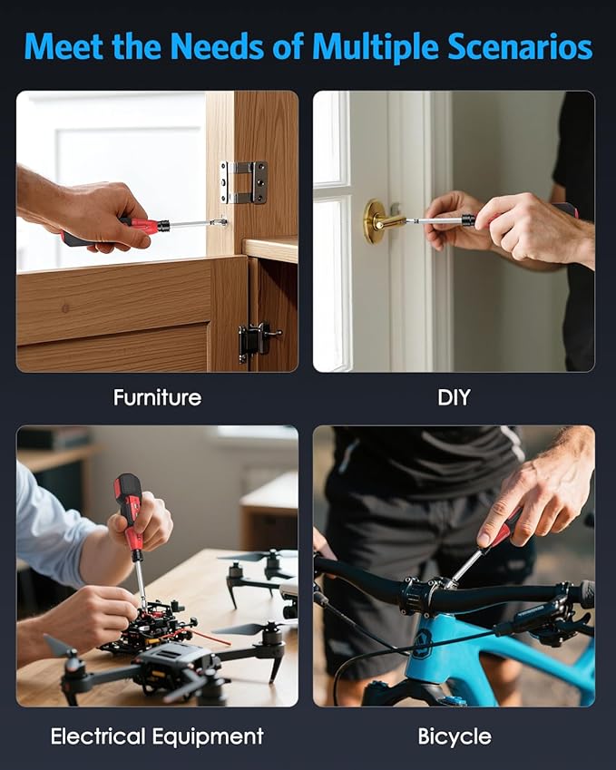 AMIR Cordless Screwdriver, Rechargeable Electric Screwdriver Sets, Portable Automatic Home Repair Tool Kit with USB Cable and LED Lights, Red