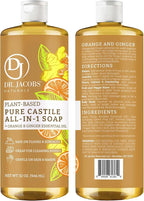 Dr. Jacobs Naturals Orange & Ginger Castile All-in-One Cleaner and Soap - Plant-Based Formula for House Cleaning Floors and Appliances - Gentle on Skin and the Planet - 32 oz, 2 Pack