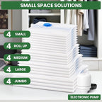 Vacuum Storage Bags,20Pack Vacuum Seal Bags with Electric Air Pump,Vacuumm Seal Bag for Clothing,Travel,Clothes,Comforters,Blankets,Pillows-4 Jumbo+4 Large+4 Medium+4 Small+4 Roll Up Space Saving Bag