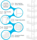 Hongtamoya Over The Door Organizer, Metal Hanging Door Organizer with 6 Adjustable Baskets and 5 Hooks, Behind The Door Storage for Closet Pantry Cabinet Kitchen Bathroom Bedroom, White