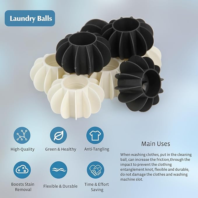 6Pcs Ech.Apr Reusable Laundry Balls, TPR Washing Machine Cleaner Ball, Anti-Tangle Washer Dryer Accessory