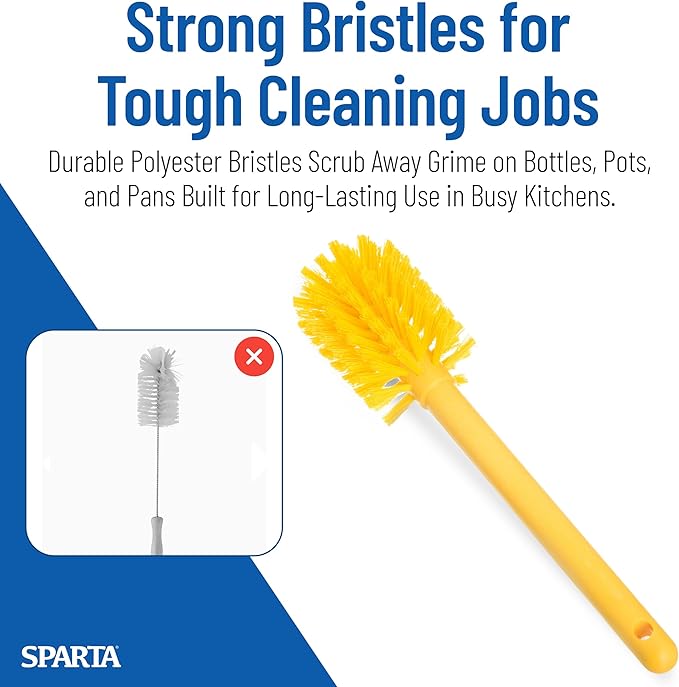 SPARTA 12 Inch Bottle Brush with Polyester Bristles and Plastic Handle, Color Coded, Large Round Head Cleaner for Bottles Jars and Food Service Equipment, Yellow