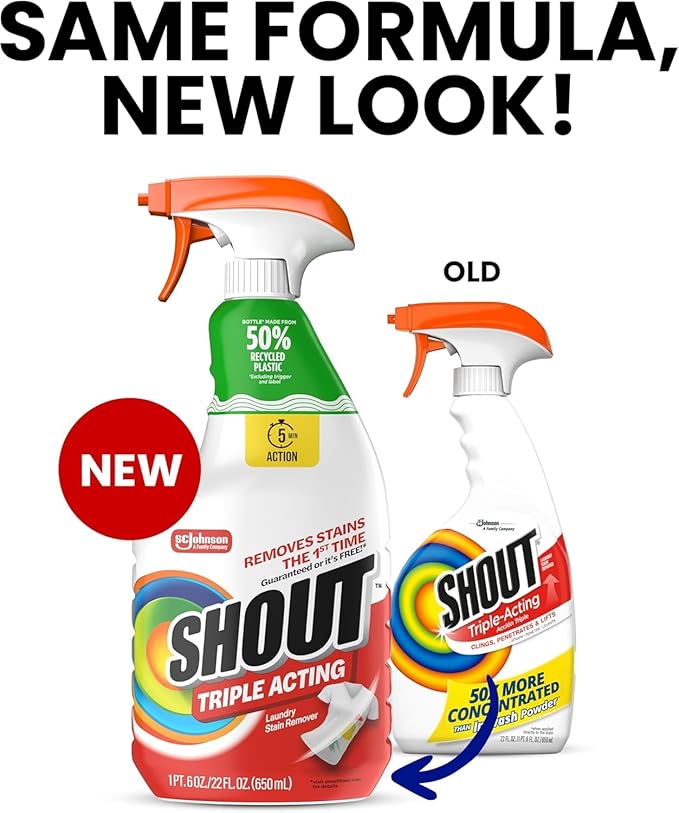 Shout Active Enzyme Laundry Stain Remover Spray, Triple-Acting Formula Clings, Penetrates, and Lifts 100+ Types of Everyday Stains - Prewash Spray 22oz (Pack of 2)