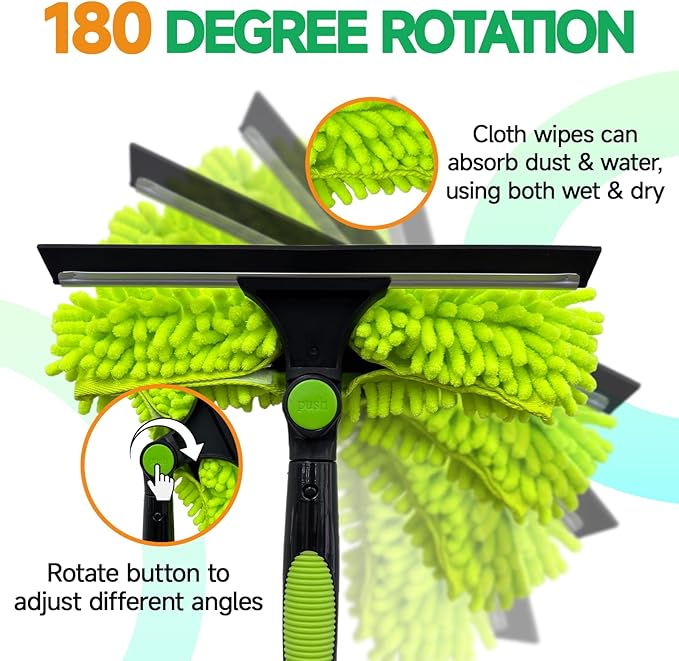 Professional 152" Window Squeegee Cleaner Tool with Extension Pole, 2-in-1 Squeegee for Window Cleaning Kit with Scrubber and Rotating Head, Window Cleaner for Car, Sliding Door, Shower Glass Door
