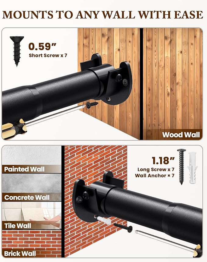Closet Rod 17-84 IN, Heavy Duty Closet Rods for Hanging Clothes, Adjustable Closet Rods for Wardrobes Storage Laundry RV Bathroom, Easy Install, Black