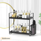 LEMIKKLE Bathroom Organizer Countertop, Counter Organizer for Bathroom Decor, Wooden Sink Shelf for Vanity Storage, Makeup Tray for Perfume Skincare Bedroom Kitchen Corner (Black)